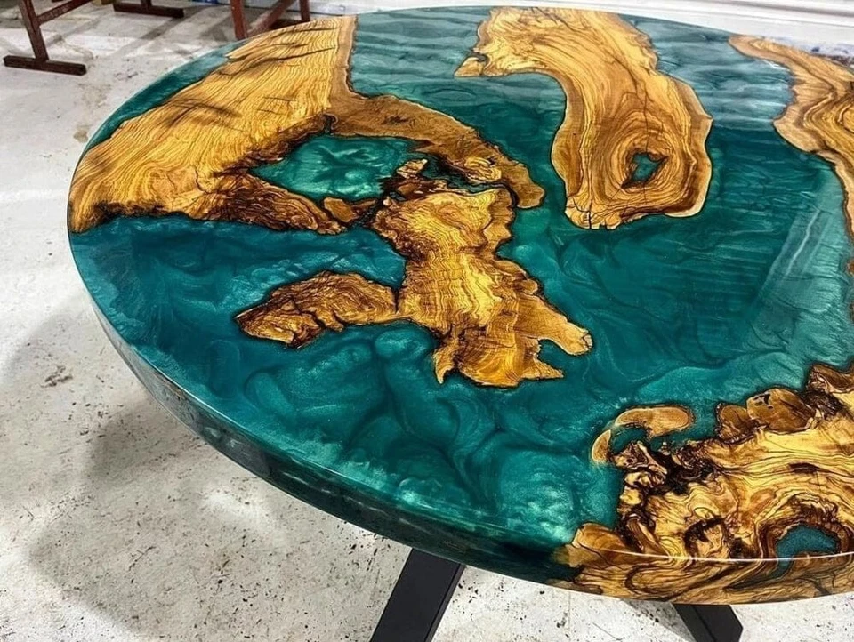 Ocean Epoxy Resin Round Dining Table - Burl Maple & Blue River Epoxy Desk - Image 3 of 4