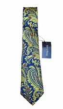 NWT Barry Wang 100%  Silk Blue Gold Floral Paisley Tie Necktie Hand Tailored
