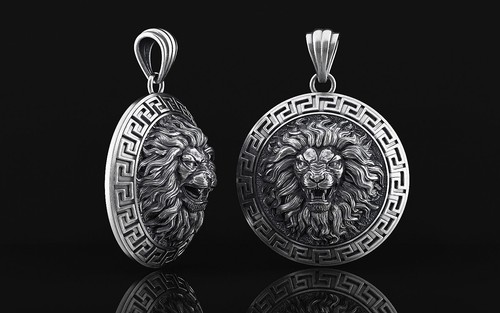 Solid Silver Lion Personalized Men's Necklace, Relief Lion Head Man Medallion, - 第 11/14 張圖片