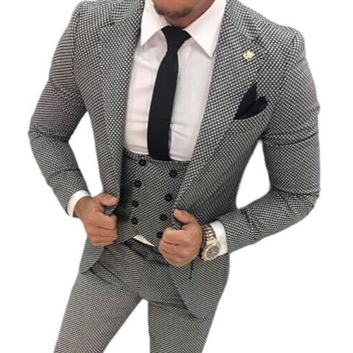 Designer Business Black Grey White Checked Suit Jacket Deep Vest Slim
