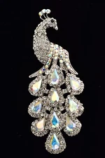Vintage Crystal 4" Peacock Pin Brooch Aurora Borealis Rhinestone Chunky Y2K A24