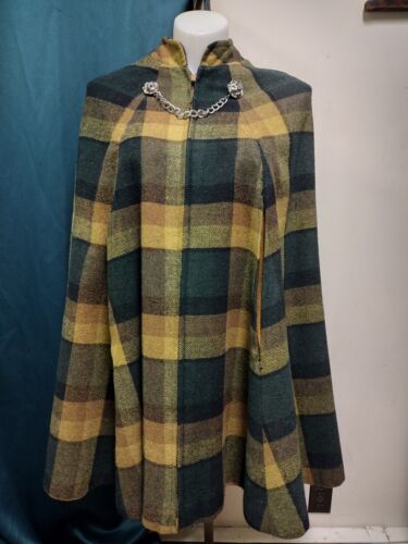 VINTAGE PLAID 1960s COAT CLOAK W SCARF Reversible Green Wool Zip Front Pockets - Foto 1 di 24