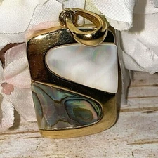 Signed Lia Sophia Gold Tone Mother of Pearl Abalone Stone Pendant  2" x 1"