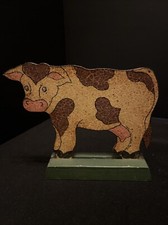 Vintage Hand Made Wooden Wood Hand Painted Farm Cow on Stand Country Style