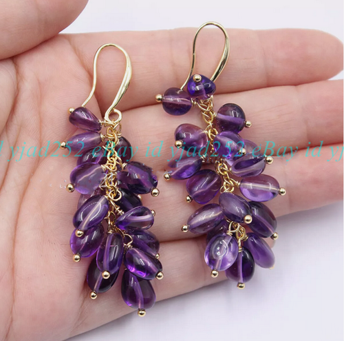 8-10mm Natural Purple Amethyst Irregular Gems Grape Dangle Gold Hook Earrings - Picture 3 of 10