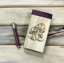 Mushroom Engraved 3.5" Poplar Dugout w Poker, Exotic Purpleheart Lid & Pipe Set