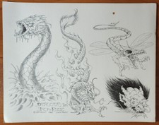 ORIGINAL 1980 Jack Rudy Vintage Traditional Tattoo Flash Production Sheet Dragon