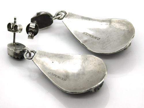 Signed Native American D Spencer 925 Sterling Silver & Onyx Dangle Drop Earrings - Picture 3 of 5