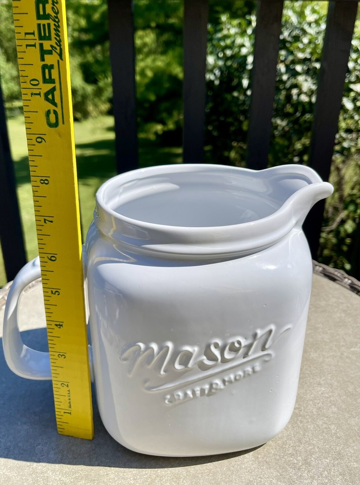 Large Mason Jar white Ceramic Pitcher🩵 Craft & More 3 Quart 7.25” Tall