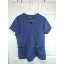 Women's sz L Grey's Anatomy Blue Short Sleeved Scrub Top Shirt Pockets