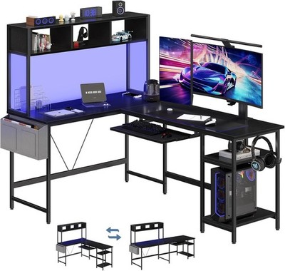 L Shaped Gaming Desk 67'' Reversible Computer Desks with Led Lights Corner Table 