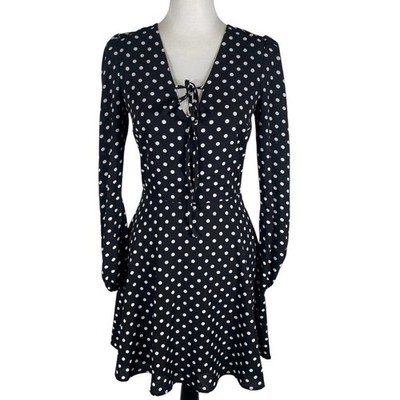 Sugar Lips A-Line Dress Womens XS Black White Polka Dot Balloon Sleeve Tie Front
