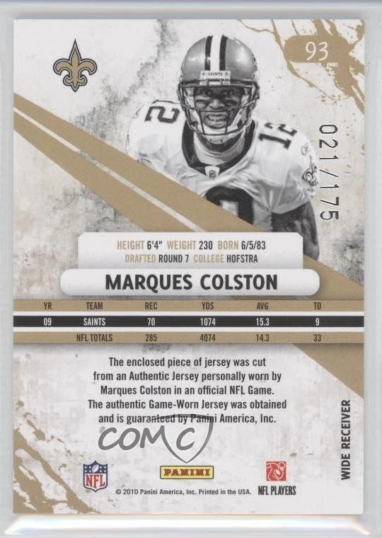 2010 Panini Rookies & Stars Longevity Ruby Materials /175 Marques Colston #93 - Image 2 of 2