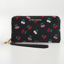 Betsey Johnson Embroidered Wallet Ziparound Pink Red Wristlet NEW in Gift Box