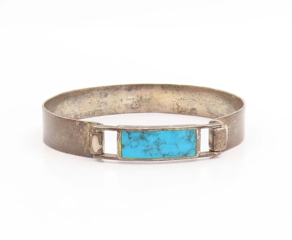 925 Sterling Silver Vintage Bracelet Rectangular Turquoise Inlay Bangle BT11456 - Image 2 of 4