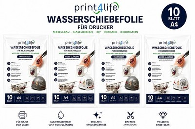 Print4Life Wasserschiebefolie Decalfolie A4 10 Blatt Inkjet Laser Kopierer Top !