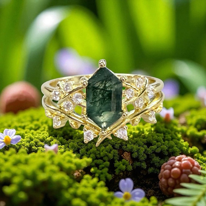 Moss Agate Stackable Ring Set Set In 14kt YG Over Sterling Silver Size 7