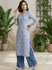Indian Women Off White Cotton Ethnic Motifs Printed Kurta Kurti Top Tunic Dress