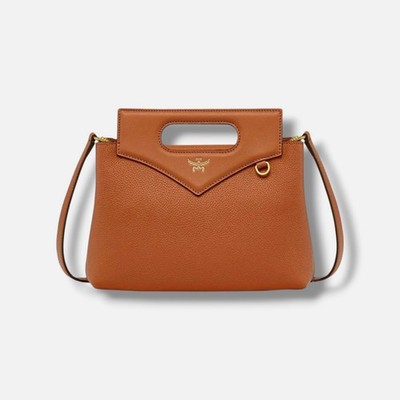 MCM Women's Brown Grained Leather Embossed Logo Soft Diamond Tote Bag