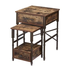 Nightstand Set of 2 with Storage Drawer and Open Shelf, Vintage Solid Wood Be...