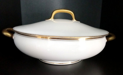 Vtg Bernardaud & Co Limoges White Gold Trim Round Vegetable Bowl W/Lid France