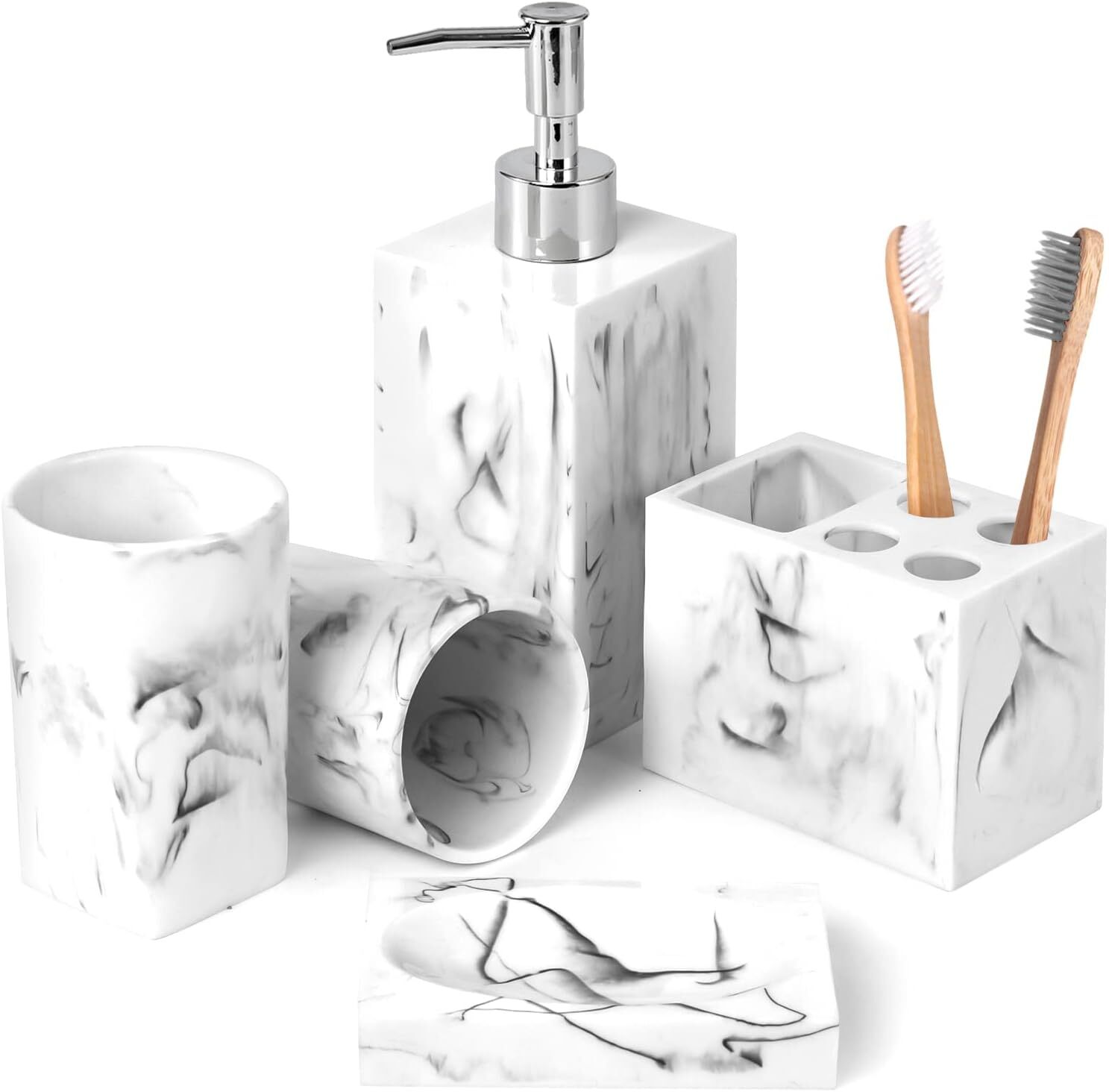 Haturi Bathroom Accessories Set, 5 Pcs Marble Look Sets Soap Ink White