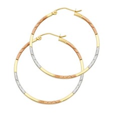 Gold 14K Tri Color Gold 1.5mm Diamond Cut Tube Hoop Earrings