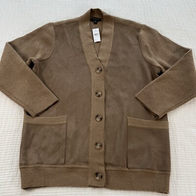 Ann Taylor Sweater Womens XXL 2XL Plus Size Tan Cardigan Ribbed Faux Suede  NEW