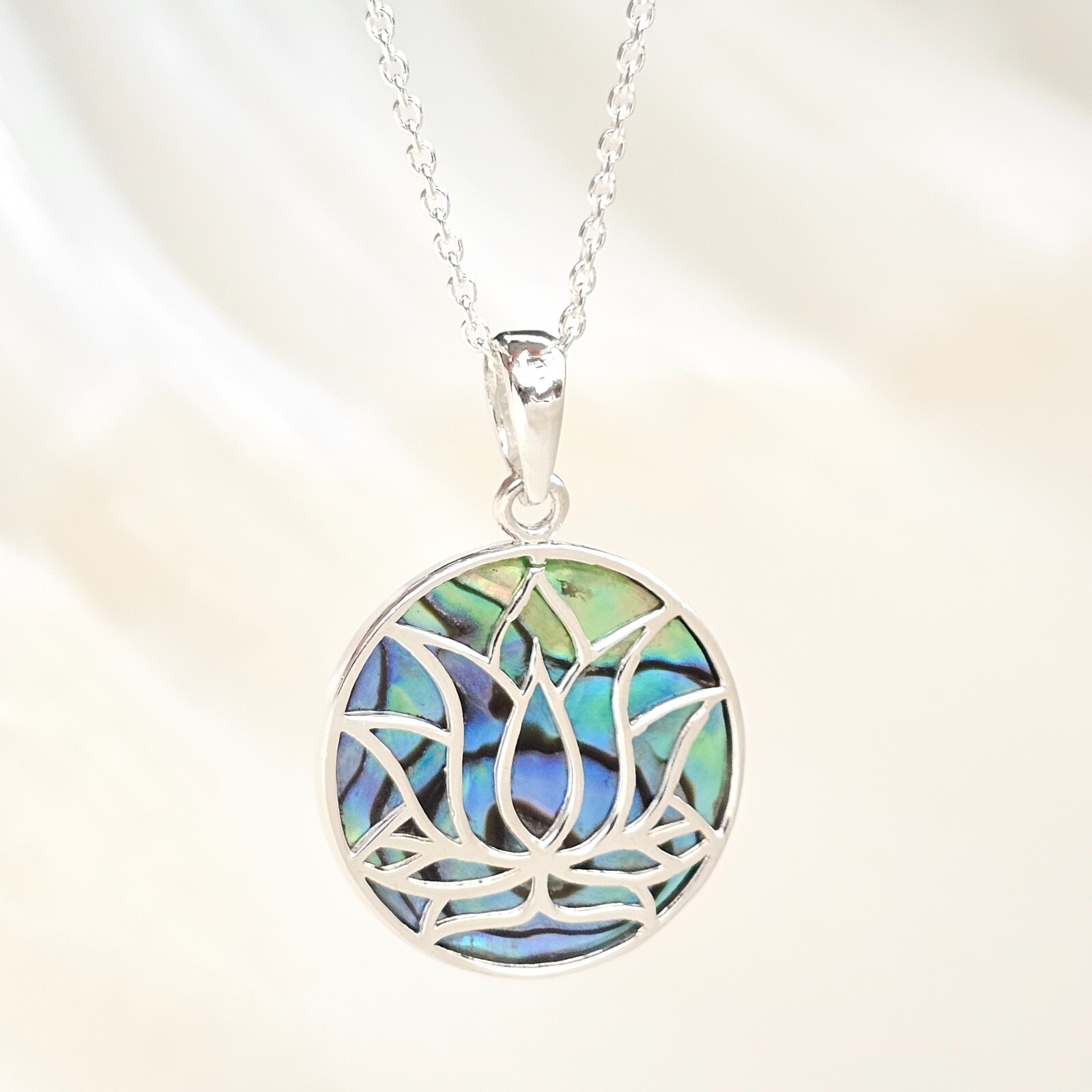 Lotus Flower Pendant Abalone Paua Shell 925 Sterling Silver 18" Necklace & Boxed