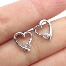 925 Sterling Silver Round-Cut C Z Heart Earrings