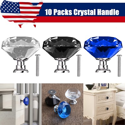 10PCS Cabinet Drawer Pull Knobs Diamond Crystal Door Handle Clear Glass Home US