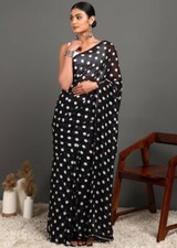 Black Polka Dot Printed Saree Party Wear Indian Pakistani Designer Sari