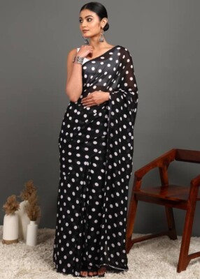 Black Polka Dot Printed Saree Party Wear Indian Pakistani Designer Sari |  eBay