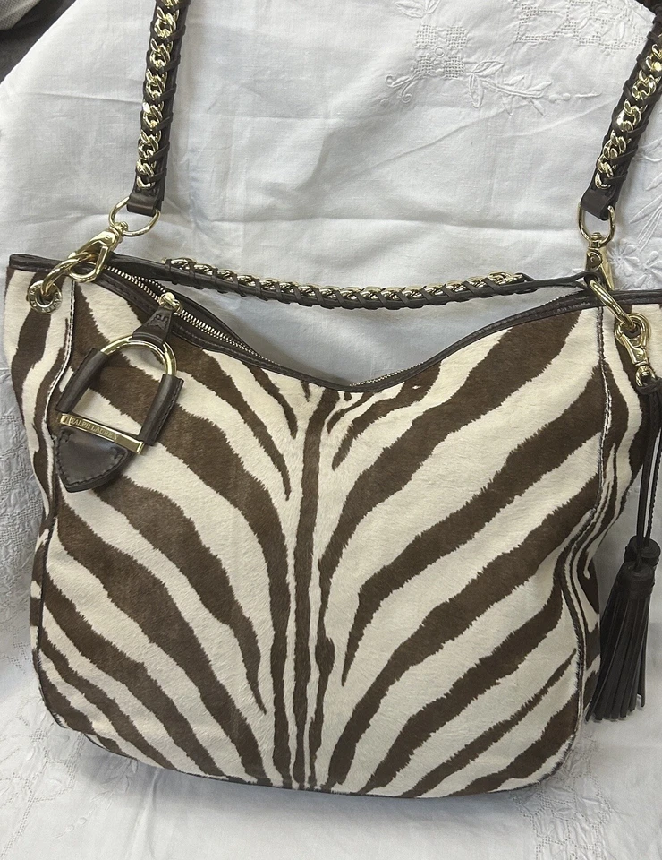 RALPH LAUREN Purple Tag Zebra Print Pony Colt Fur Leather Bag 2 Straps