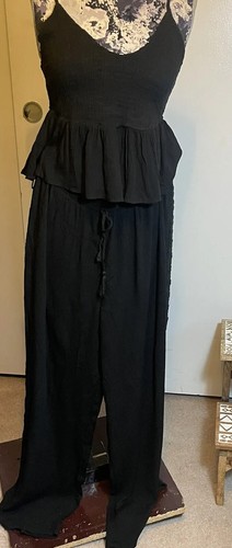 Ladies Black Linen like Two-Piece Top & Pant Set - XL