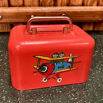 Vintage German Red BURG Metal Coin Bank BiPlane Early Aviation signed Wroblewski