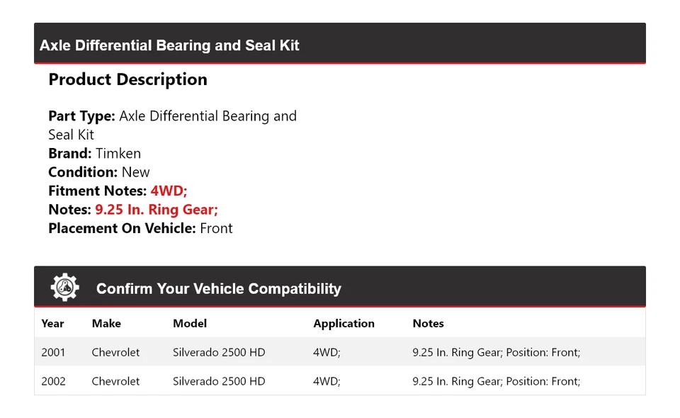 Kit de sello de cojinete diferencial de eje para Chevrolet Silverado 2500 HD Timken 01-02 Foto 2 de 3