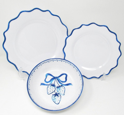 12pc Set 4 Dinner 4 Salad Side Plates 4 Bowls Blue White Melamine Shabby &Olsen