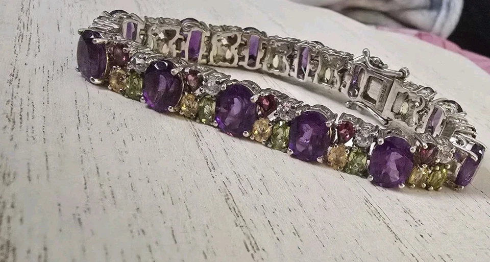 Chuck Clemency NYCII multi gemstone-sterling silver wide Bracelet purple green - Image 4 of 4
