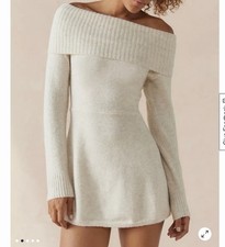UO Blake Knit Off-The-Shoulder Mini Dress Size S Beige Long Sleeve Dress