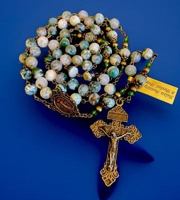 Semi Precious Green & White Moss Tree Agate Stone Rosary Pardon Crucifix Tag