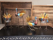 4 Distressed Rustic Metal Painted Turkey Votive Candle Holders Thanksgiving