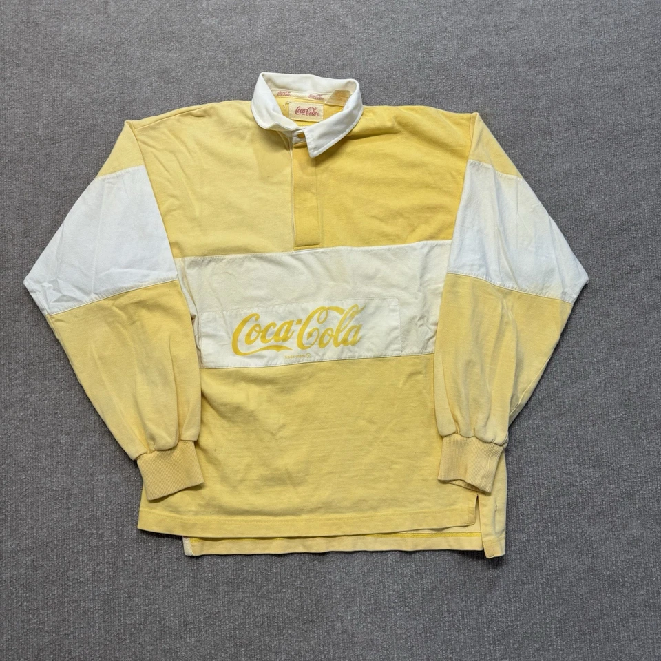 Camisa de Rugby Coca Cola De Colección Para Hombre Mediana Amarilla Blanca Manga Larga Pullover Años 90 Foto 2 de 4
