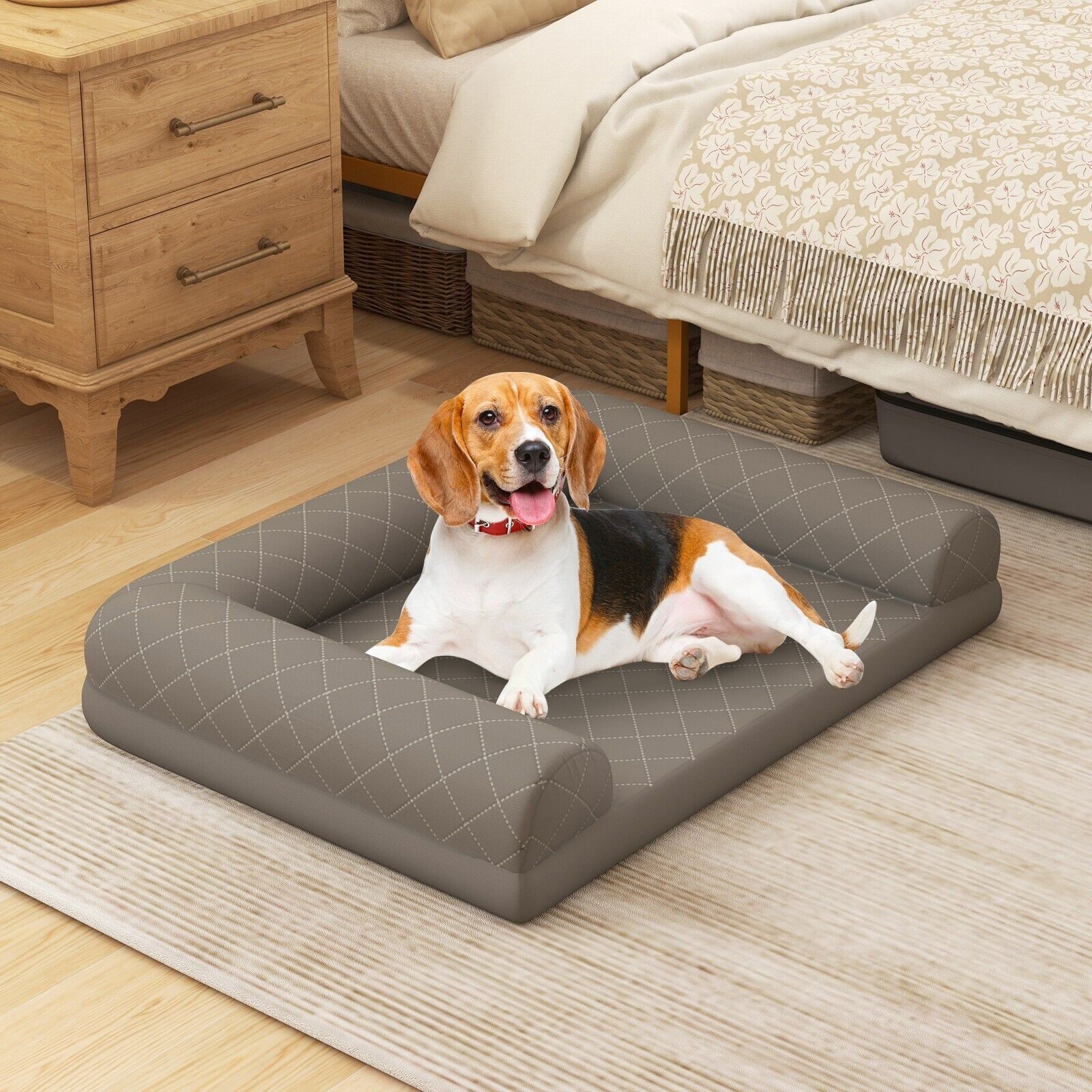 Orthopedic Dog Bed Medium Small Dogs Egg-Foam Dog Crate Bed with 3-Side Bolster