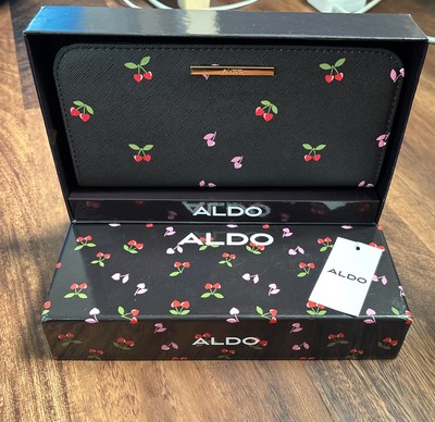 NEW ALDO Black Faux Leather Pink & Red Cherry Print Wallet W Gold Accents Girly