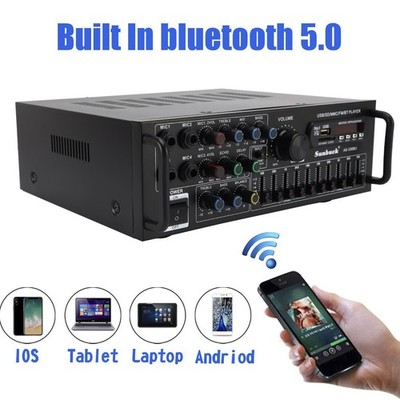 2000W Peak Stereo HiFi Audio Power Amp Bluetooth 5.0 Karaoke FM USB EQ Mixer