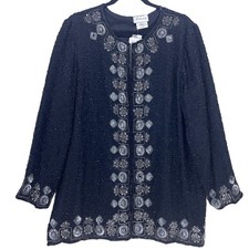 Stenay Black Beaded Silk Evening Jacket Large 80s Silver Sequin Formal Vintage