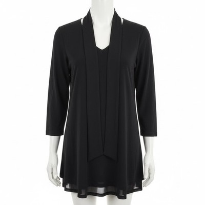Susan Graver Tunic Top Black M Tie Neck Blouse Liquid Knit Flowy Minimalist