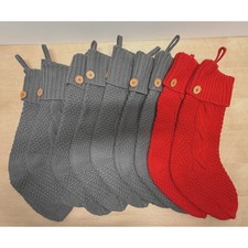 Set of 9 Cozy Knit Christmas Stockings Red and Gray Cable Knit Button Detail