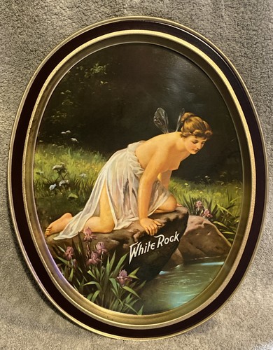 Bandeja de lata publicitaria vintage dama roca blanca bebidas brillantes - Imagen 12 de 14